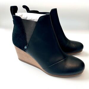 TOMS | Kelsey Black Leather & Suede Wedge Booties
